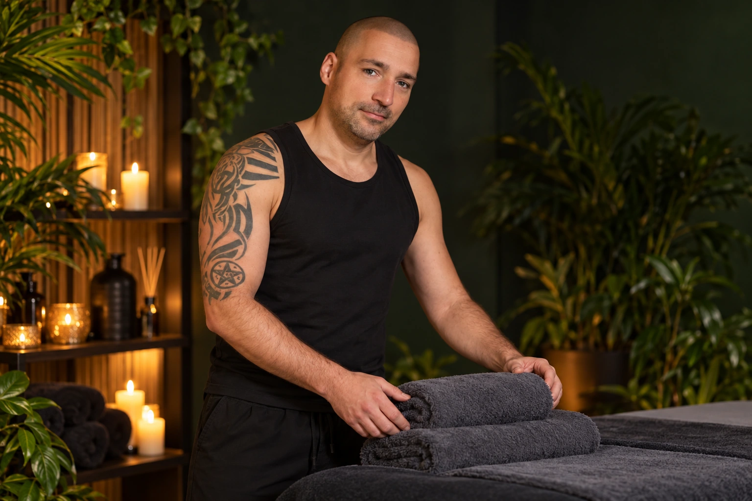 James preparing fresh towels in the Adonis studio